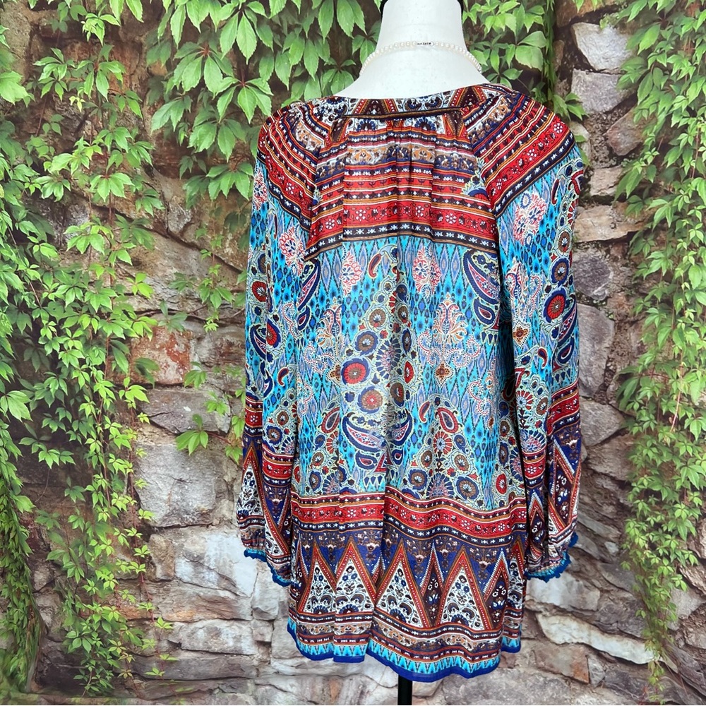 SOFT SURROUNDINGS Turquoise Coastal Cowgirl Flowy Semi-Sheer Chiffon Top, M - Picture 9 of 12